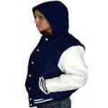 .Blue Wool / White Leather Varsity HOODIE Letterman Jacket