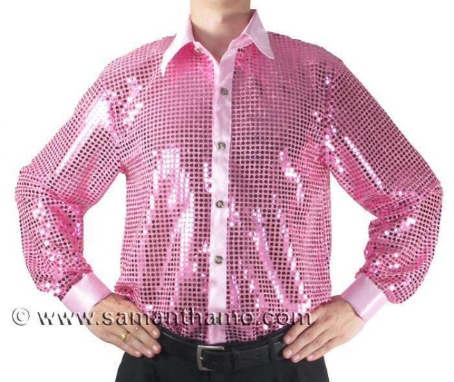 Men's Pink Cabaret Stage Entertainers Sequin Dance Shirt - Click Image to Close