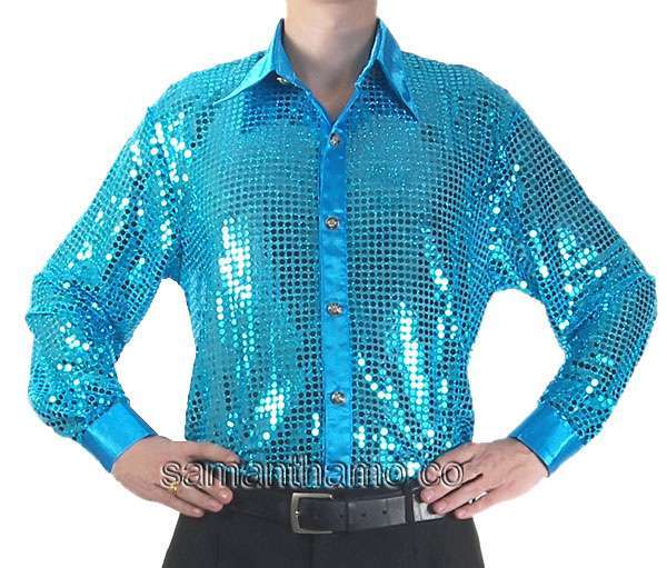 Turquoise Men's Cabaret Entertainers Sequin Dance Shirt - Click Image to Close