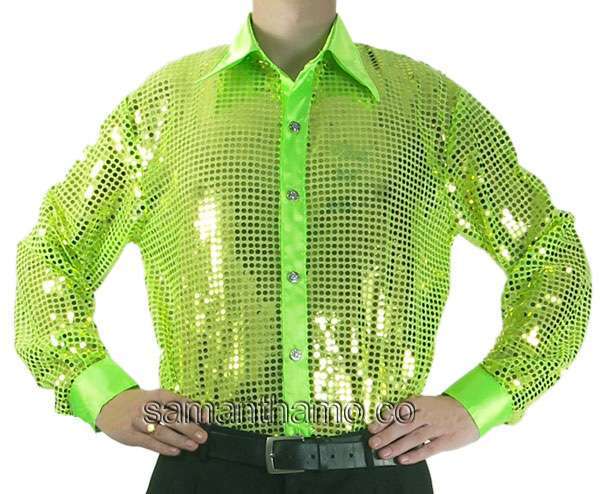 Men's Lime Cabaret Stage Entertainers Sequin Dance Shirt - Click Image to Close