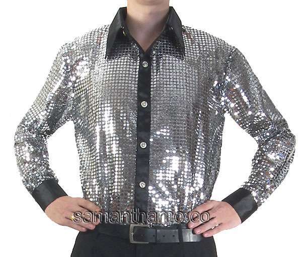 B / Silver Men's Cabaret, Stage, Entertainers Sequin Dance Shirt - Click Image to Close