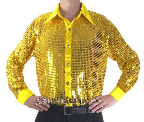 Men's Yellow Cabaret Stage Entertainers Sequin Dance Shirt - Click Image to Close