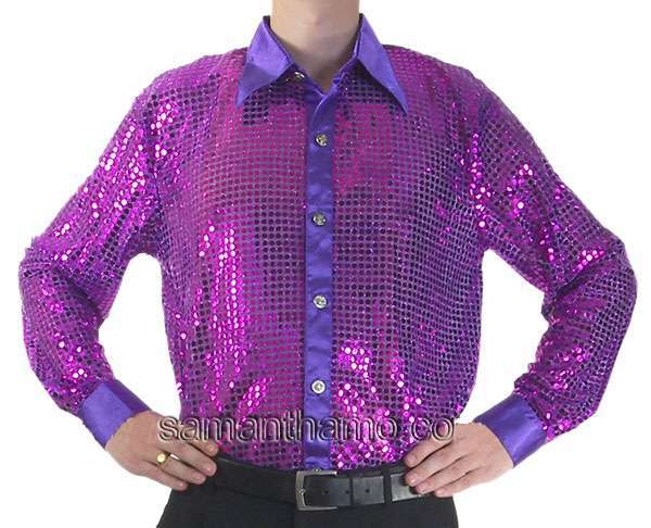 Men's Purple Cabaret Stage Entertainers Sequin Dance Shirt - Click Image to Close