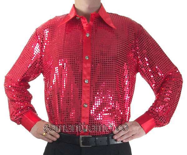 Red Men's Cabaret, Stage, Entertainers Sequin Dance Shirt - Click Image to Close