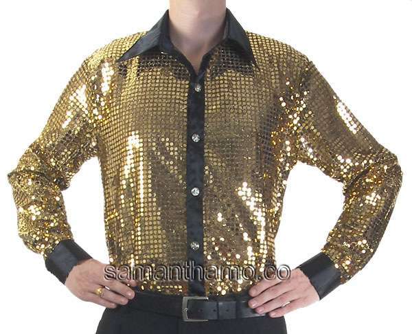Men's Gold Cabaret Stage Entertainers Sequin Dance Shirt - Click Image to Close