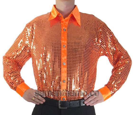 Orange Men's Cabaret, Stage, Entertainers Sequin Dance Shirt - Click Image to Close