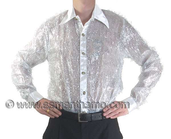 Men's Cabaret Stage Entertainers Silver Tinsel Dance Shirt - Click Image to Close