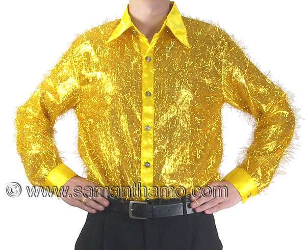 Men's Cabaret Stage Entertainers Gold Tinsel Dance Shirt - Click Image to Close