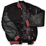 Black Varsity Letterman Jacket with Red & White Stripes - Click Image to Close