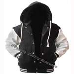 .Black Wool / White Leather Varsity HOODIE Letterman Jacket - Click Image to Close